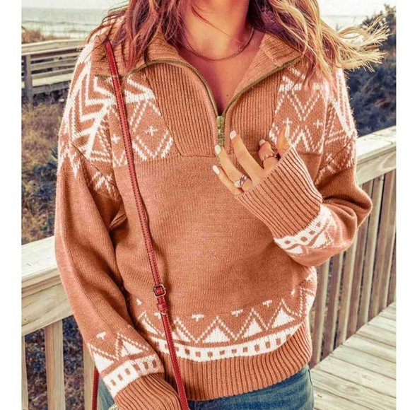 . Sweaters - Geo Pattern Half Zip Sweater Top
